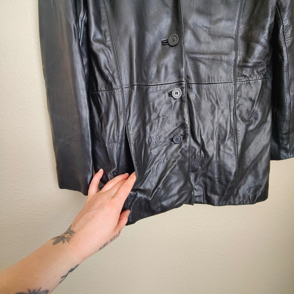 Vintage 90s Adler Black Lambskin Leather Jacket Blazer Lined Minimalist Chic Lrg - Picture 2 of 9